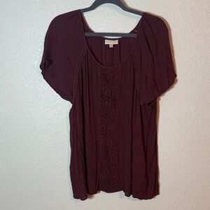 ModCloth Burgundy Peasant Blouse Crochet Lace Crinkle Size 2X